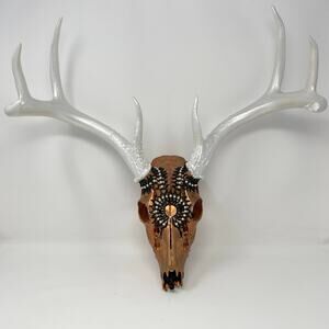 Hand Painted Beaded Deer Skull Wall‎ Decor Copper Black Pearl White Boho